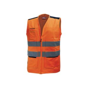 Upower Smart Chaleco Multifuncional - Talla XL - Bolsillos con Portatarjetas Retractil, Cintura Ajustable, Malla Transpirable, Tiras Reflectantes, Triple Costuras, Proteccion DPI2 - Color Naranja Fluorescente