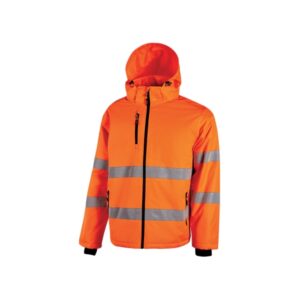 Upower Imai Chaqueta Acolchada de Trabajo - Talla XL - Tejido Repelente al Agua, Bandas Reflectantes, Capucha Desmontable, Puños Elasticos, Amplios Bolsillos, Resistente a Lavados - Color Naranja Fluorescente