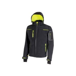 Upower Space Chaqueta Softshell - Talla XL - Membrana U-Tex, Repelente al Agua, a Prueba de Viento, Forro Micropolar, Capucha Desmontable, Cremalleras Fluorescentes, Proteccion DPI1 - Color Negro Carbon