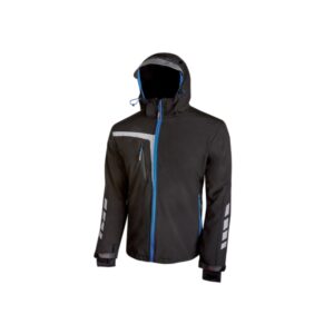 Upower Quick Chaqueta Soft Shell - Talla XS - Tejido Elastico Cortavientos, Transpirable y Repelente al Agua, Bolsillo Impermeable con Free Sound, Detalles Reflectantes, Proteccion DPI1 - Color Negro Carbon