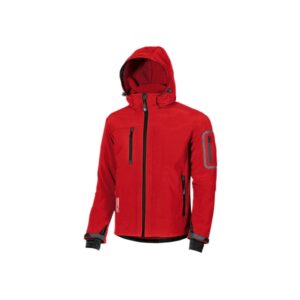 Upower Metropolis Soft Shell de Trabajo - Talla XS - Tejido Elastico Cortavientos, Transpirable y Resistente al Agua, Multiples Bolsillos Funcionales, Capucha Desmontable, Proteccion DPI1 - Color Rojo Magma