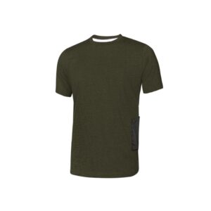 Upower Road Camiseta de Manga Corta en Polycotton Jersey - Talla XL - Slim-Fit, Cuello Acanalado Elastico, Bolsillo para Celular, Cinta Reflex, Proteccion DPI1 - Color Verde Oscuro