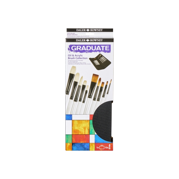 Daler Rowney Graduate Pack de 10 Pinceles Multitecnica - Pelo de Cerda y Pelo Sintetico - Mango Largo - Estuche con Cremallera
