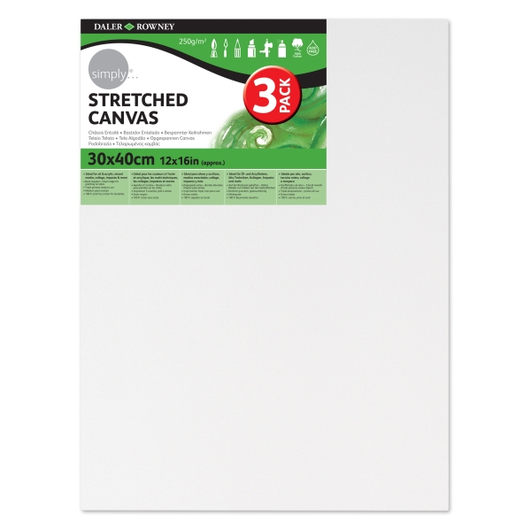 Daler Rowney Simply Pack de 3 Bastidores Entelados- 30x40cm - Imprimacion Triple - Grano Medio - 100% Algodon sin Acido - 250g - Color Blanco