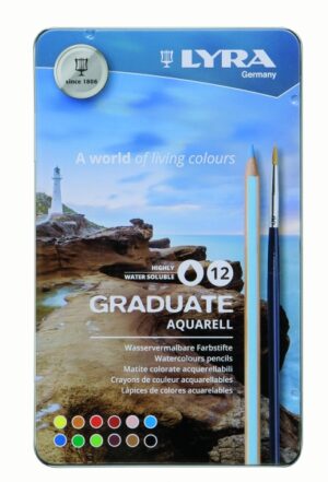 Lyra Graduate Pack de 12 Lapices de Colores Acuarelables con 1 Pincel Incluido - Hexagonal - Estuche de Metal - Colores Surtidos