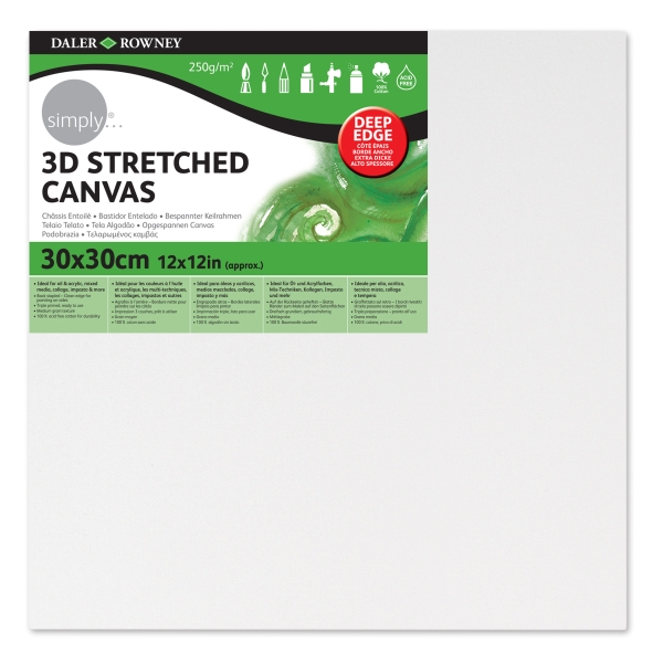 Daler Rowney Simply Bastidor Entelado 3D - 30x30cm - Imprimacion Triple - Grano Medio - 100% Algodon sin Acido - 250g - Color Blanco