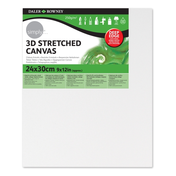 Daler Rowney Simply Bastidor Entelado 3D - 24x30cm - Imprimacion Triple - Grano Medio - 100% Algodon sin Acido - 250g - Color Blanco