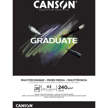 Canson Graduate Mix Media Bloc Encolado de 20 Hojas A3 - 240g - Grano Fino - Color Negro