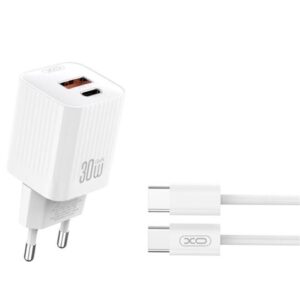 XO L149 Cargador de Corriente 30W - USB-A y USB-C - Alto Rendimiento - Incluye Cable USB-C a USB-C - Color Blanco