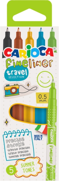 Carioca Fineliner Travel Pack de 5 Rotuladores - Punta Blanca de Acetal 0.5mm - Colores Surtidos