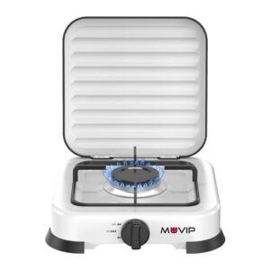 Muvip Vulcano Cocina de Gas con 1 Fuego - Tapa Protectora - Patas de Goma - Superficie Esmaltada - Quemador Extraible - 26.8x26x8x5.9cm - Color Blanco