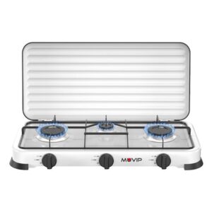 Muvip Vulcano Cocina de Gas con 3 Fuegos - Tapa Protectora - Patas de Goma - Superficie Esmaltada - Quemador Extraible - 57.7x27.8x5.3cm - Color Blanco