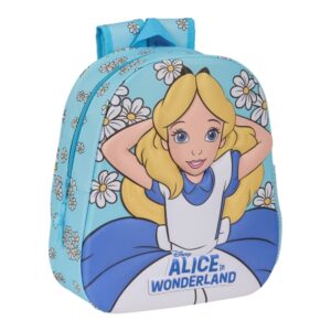 Safta Alicia en el Pais de las Maravillas Mochila 3D de 8.64L - Portabotellas - Tarjeta de Identificacion Personal - Hombreras Acolchadas - 27x33x10cm - Color Azul Claro