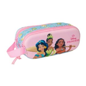 Safta Princesas Disney Estuche Portatodo 3D de 1L - 2 Compartimentos - Cierre de Cremallera - Asa de Mano - 21x8x6cm - Color Azul Claro