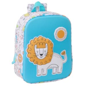 Safta Lion Mochila Guarderia 3D de 6L - Asa de Mano Superior - Asas Regulables y Acolchadas - Cierre de Cremallera - 22x27x10cm - Color Blanco y Azul