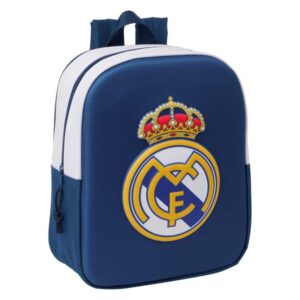 Safta Real Madrid Mochila Guarderia 3D de 6L - Asa de Mano Superior - Asas Regulables y Acolchadas - Cierre de Cremallera - 22x27x10cm - Color Blanco y Azul