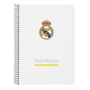 Safta Real Madrid Cuaderno Espiral - Tapas Duras - 80 Hojas A4 con Cuadriculada 4X4mm - Formato Cuarto - 15.5x22x1cm - Color Blanco y Negro