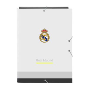 Safta Real Madrid Carpeta 3 Solapas - Tapas Duras Forradas - Cierre con Gomas Elasticas - Formato Folio - 26x33.5x2.5cm - Color Blanco y Negro
