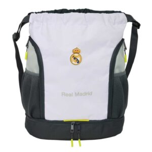 Safta Real Madrid Saco Mochila de 21.93L - Portabotellas - Hombreras Ajustables - Bolsillos con Cremallera - 35x40x1cm - Color Blanco y Negro