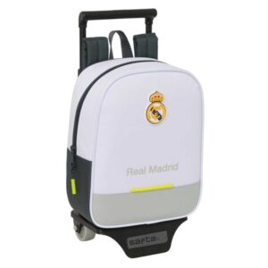 Safta Real Madrid Mochila de 6L con Carro 805 Integrado - Extraible para Lavado - Tarjeta de Identificacion Personal - Carro de PP y PVC Resistentes - 22x27x10cm - Color Blanco y Negro