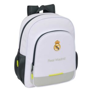 Safta Real Madrid Mochila Infantil de 15L - Adaptable a Carro - 2 Compartimentos - Portabotellas - 32x38x12cm - Color Blanco y Negro