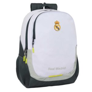 Safta Real Madrid Mochila Escolar de 23L - Adaptable a Carro - 2 Compartimentos - Portabotellas - 32x44x16cm - Color Blanco y Negro