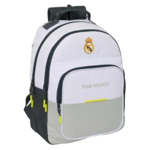 Safta Real Madrid Mochila Escolar de 20L - Adaptable a Carro - 3 Compartimentos - Portabotellas - 32x42x15cm - Color Blanco y Negro