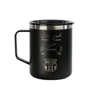 Safta F.C.Barcelona Taza Acero Inoxidable 400mL - Doble Pared - Base de Silicona - Acero Inoxidable - Tapa y Asa - 12H Caliente / 24H Frio - 10.7x8.4x8.4cm - Color Negro