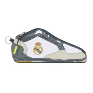 Safta Real Madrid Estuche Portatodo de 0.5L con Forma de Bota - 1 Compartimento - Anilla para Colgar - Cierre con Cremallera - 24x10x2cm - Color Blanco y Negro