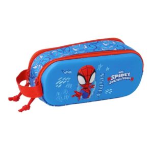 Safta Spidey Estuche Portatodo 3D de 1L - 2 Compartimentos - Cierre de Cremallera - Asa de Mano - 21x8x6cm - Color Rojo y Azul