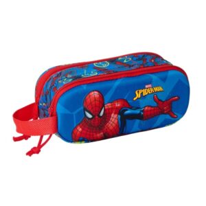Safta Spider-Man Estuche Portatodo 3D de 1L - 2 Compartimentos - Cierre de Cremallera - Asa de Mano - 21x8x6cm - Color Rojo y Azul