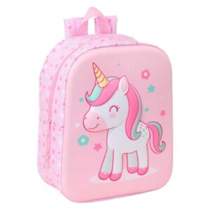 Safta Unicorn Mochila Guarderia 3D de 6L - Asa de Mano Superior - Asas Regulables y Acolchadas - Cierre de Cremallera - 22x27x10cm - Color Rosa Pastel