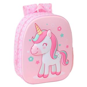 Safta Unicorn Mochila 3D de 8.64L - Portabotellas - Tarjeta de Identificacion Personal - Hombreras Acolchadas - 27x33x10cm - Color Rosa Pastel