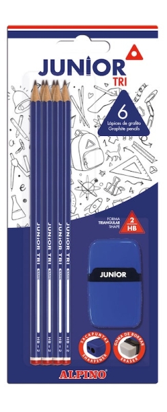 Alpino Junior Tri Blister de 6 Lapices de Grafito HB + Sacapunta con Goma de Borrar - Espacio para el Nombre