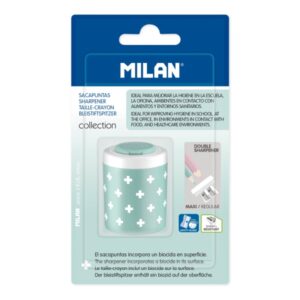 Milan Collection + Sacapuntas Doble con Deposito - Agujero Normal y Maxi - Superficie Antibacteriana - Color Turquesa