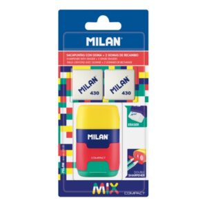 Milan Compact Mix Afilaborra - 2 Gomas de Recambio - Cuchilla de Acero de Seguridad - Doble Agujero para Normal y Maxi - Colores Surtidos