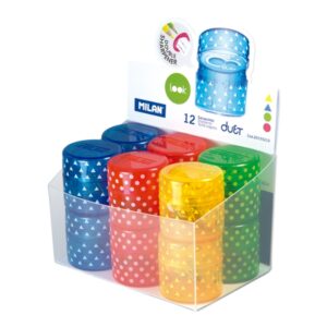 Milan Duet Look Expositor con 12 Sacapuntas Doble - Regular y Maxi - Deposito Integrado - Cuchilla de Acero de Seguridad - Colores Surtidos