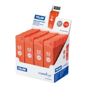 Milan Expositor con 24 Cajas de 12 Minas 0.5mm - Dureza HB - Color Naranja