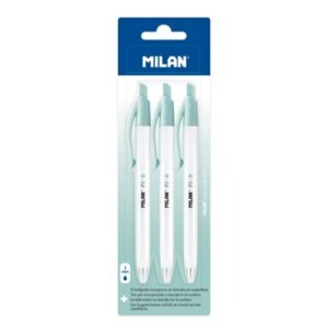 Milan P1 + Pack de 3 Boligrafos de Bola Retractiles - Tinta Azul - Punta Redonda 1mm - Superficie Antibacteriana - Color Blanco