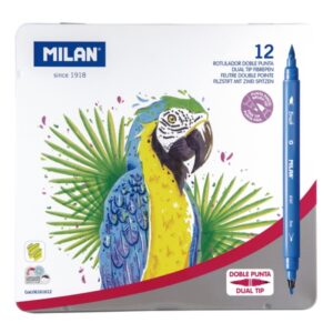 Milan Pack de 12 Rotuladores Doble Punta - Caja Metalica - Punta Fina 2mm - Pincel 0.5 a 4mm - Colores Surtidos