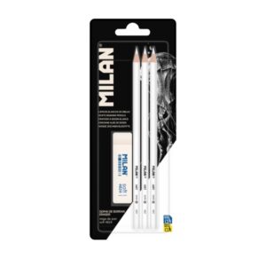 Milan Pack de 3 Lapices + 1 Goma para Dibujo - Mina Blanca para Papel Oscuro - Miga de Pan Flexible - Color Blanco
