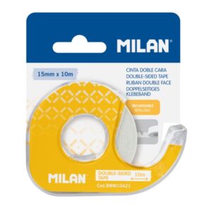 Milan Portarrollos con Cinta Adhesiva de Doble Cara - Hoja de Corte Metalica - 15mm x 10m - Color Amarillo