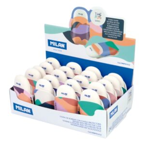 Milan The Fun 1012 Expositor con 24 Gomas de Borrar con Funda - Miga de Pan - Caucho Sintetico - Ovaladas - Colores Surtidos
