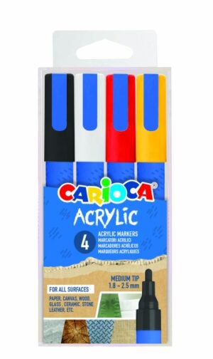 Carioca Acrylic Pack de 4 Marcadores de Pintura Acrilica - Punta Redonda Media 1.8-2.5mm - Tinta a Base de Agua - Alta Cobertura - Colores Surtidos