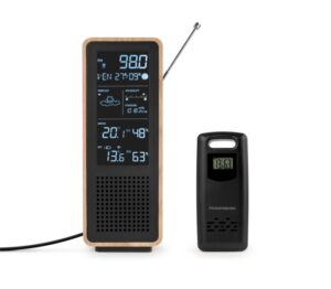 Thomson Altavoz Bluetooth con Estacion Meteorologica y Radio FM - Potencia Musical 15W - Pantalla Retroiluminada - Sonda Exterior Inalambrica - Color Madera y Negro
