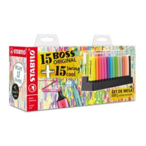 Stabilo Pack de Set de Mesa con 15 Marcadores Stabilo Boss y 15 Mercadores Swing Cool - Tinta con Base de Agua - Colores Surtidos