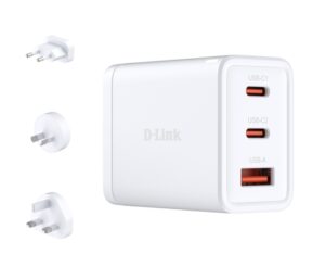 D-Link Cargador de Pared GaN de 65W - 2 USB-C y 1 USB-A - Conectores Intercambiables - Color Blanco