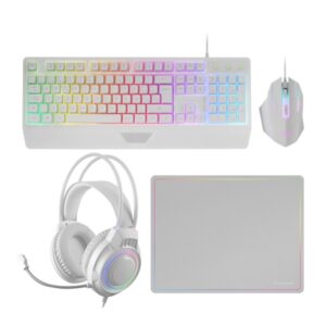 Mars Gaming MCP124PRO Combo Pack Gaming 4en1 - Teclado Hibrido H-Mech - Disposicion Francesa AZERTY FR - Raton 3200dpi - Alfombrilla Nanotextil - Color Blanco