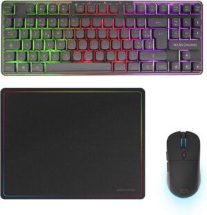 Mars Gaming MCPWTKL Combo Pack Gaming 3en1 - Teclado Hibrido H-Mech Formato TKL - Disposicion Francesa AZERTY FR - Raton 3200dpi - Switches HUANO - Color Negro