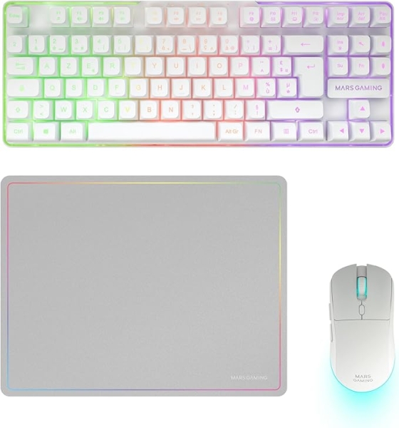 Mars Gaming MCPWTKL Combo Pack Gaming 3en1 - Teclado Hibrido H-Mech Formato TKL - Disposicion Francesa AZERTY FR - Raton 3200dpi - Switches HUANO - Color Blanco
